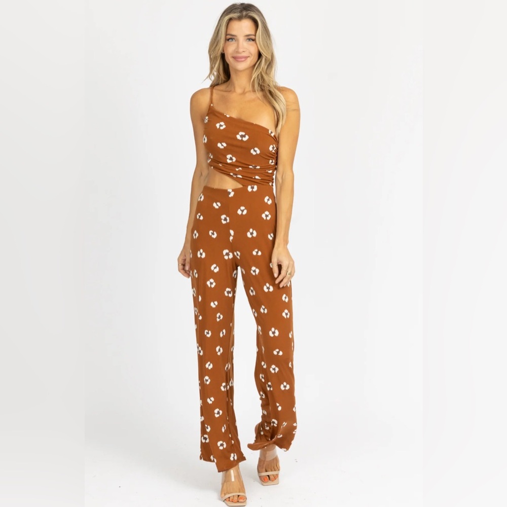 L’ABEYE CAMEL ABSTRACT OPEN SIDE ONE SHOULDER JUMPSUIT